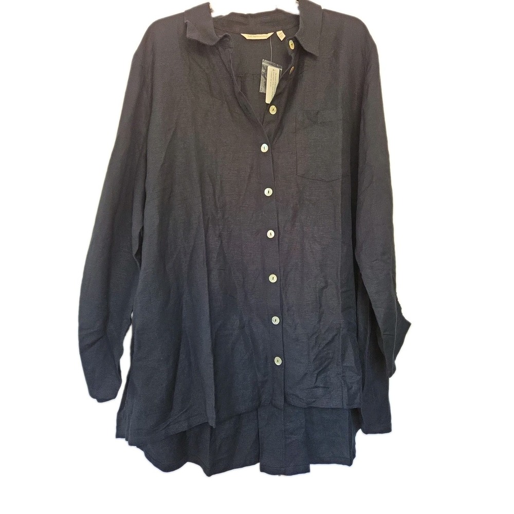 NWT Soft Surroundings Linen Blend Top Back Zip 3X Rouched Sleeve Button Up Black